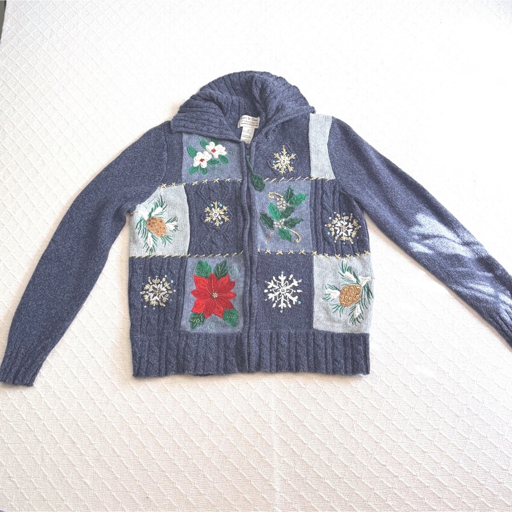 Carly St. Claire Christmas Patchwork Beaded Cardigan Sweater Blue Medium